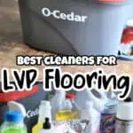 Cleaning supplies and vacuum in a gray bucket for vinyl plank flooring cleaning.