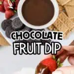 Chocolate fruit dip with strawberries, cookies, and marshmallows for easy dessert.