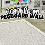 Large craft room pegboard wall with organized supplies and tools.