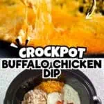 Close-up of cheesy buffalo chicken dip being served from a slow cooker.