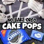 No-bake Oreo cake pops with chocolate and white coatings on sticks.