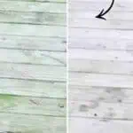 Before and after cleaning green stains from a wood deck with a quick method.