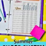 Colorful printable chore chart for kids with days of the week and chores.