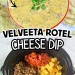 Velveeta Rotel cheese dip with diced tomatoes, ground beef, and cheese in a bowl.