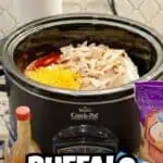 Crock Pot Buffalo Chicken Dip with shredded chicken, cheese, and hot sauce in a slow cooker.