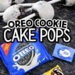 Oreo cookie cake pops with packaging and ingredients on a dark surface.