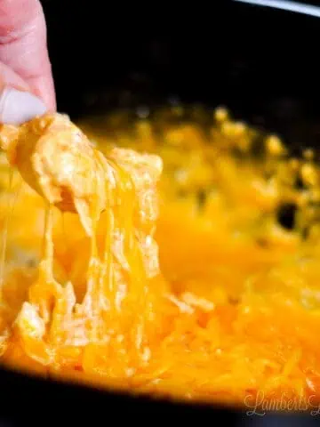 scooping buffalo chicken dip out of crock pot with a tortilla chip.