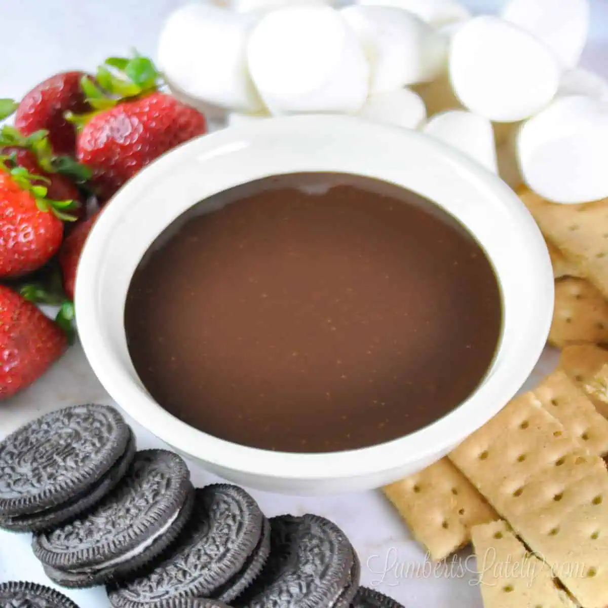 chocolate dip in a bowl with strawberries, marshmallows, oreos, and graham crackers.