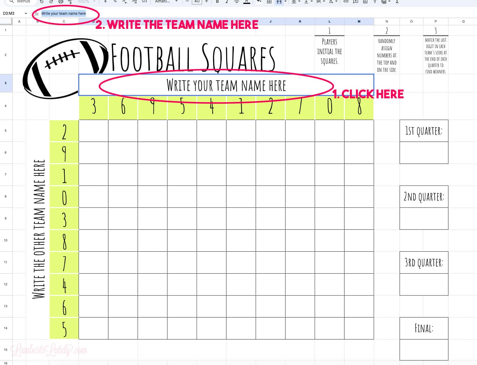 demonstration of how to write team names into the football squares template.