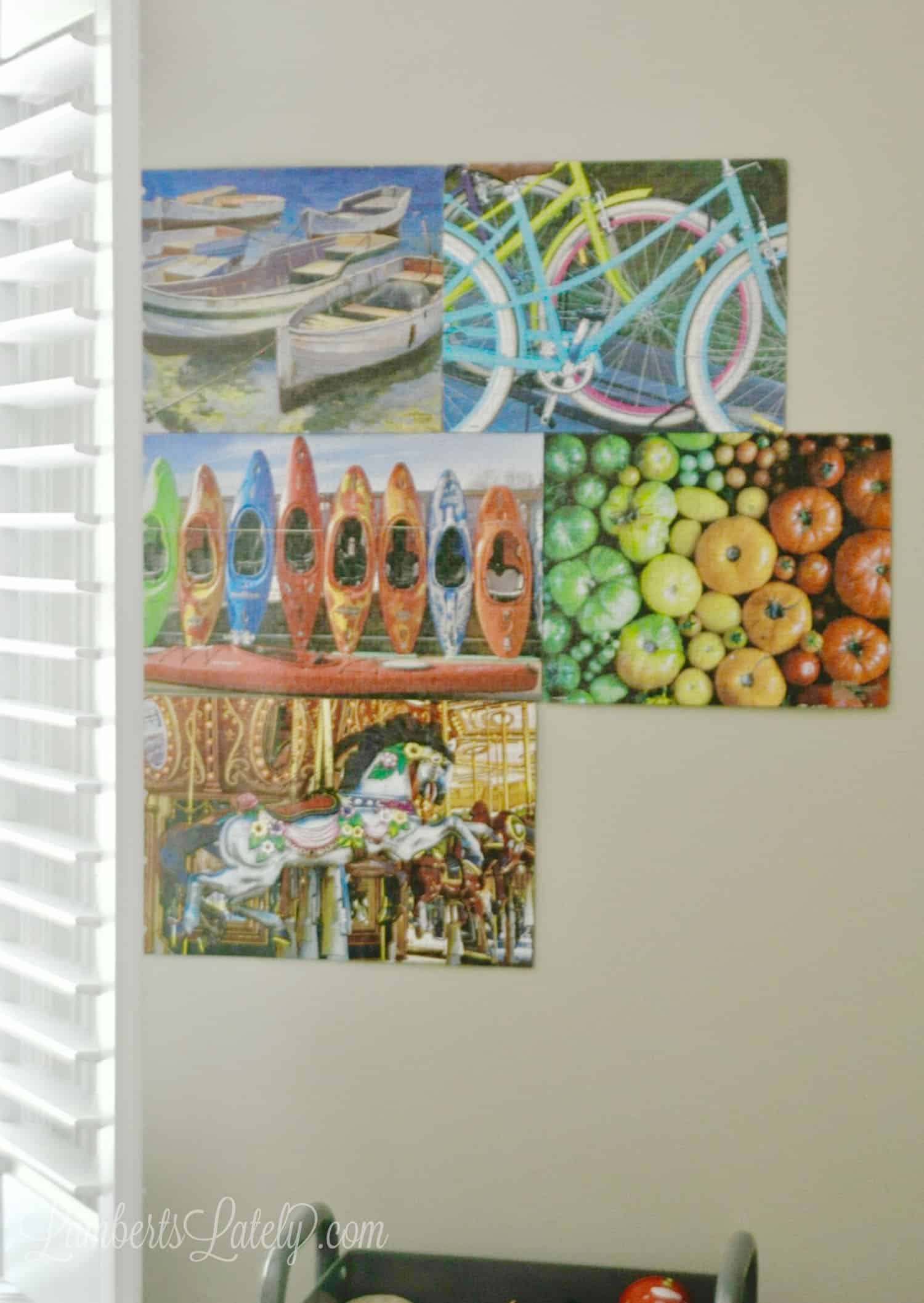 puzzles hanging on a wall.