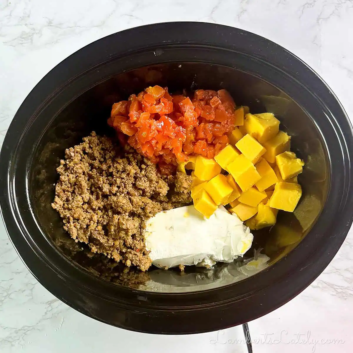 ingredients for rotel dip in a crock pot.