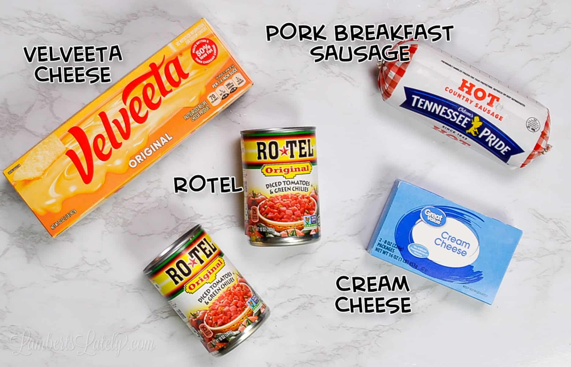 ingredients for rotel sausage dip.
