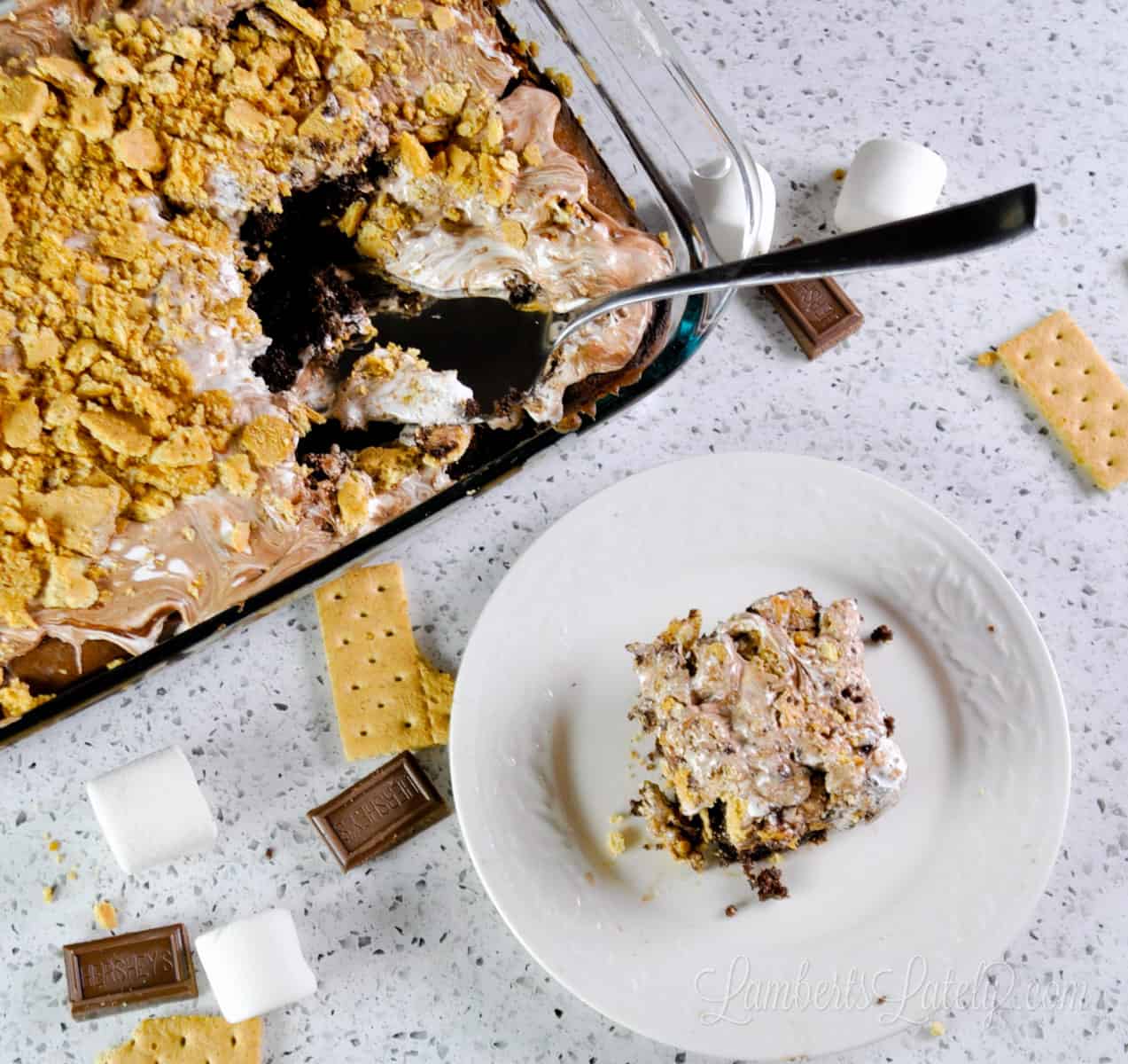 smores cake in a baking dish with a serving utensil; piece of cake on a plate next to it, with graham cracker, chocolate, and marshmallows spread on counter.