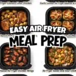 Assorted air fryer meal prep containers with various cooked dishes for freezer meals.