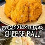 Pumpkin-shaped cheese ball with green pepper stem and crackers for Halloween.