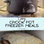 Crockpot with frozen meal prep bags for easy freezer meals.