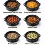 Six crockpot meals including beef stroganoff and vegetable beef soup in black slow cooker liners.