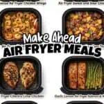 Assorted air fryer meals including chicken wings, stir-fry, and stuffed peppers.