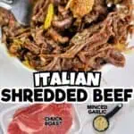 Italian shredded beef with minced garlic, beef broth, and peppers in a bowl.
