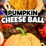 Pumpkin-shaped cheese ball with green pepper stem and crackers for serving.