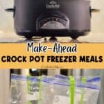 Slow cooker with frozen meal bags ready for cooking, ideal for make-ahead crockpot meals.