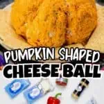 Pumpkin-shaped cheese ball with green stem, surrounded by cheese ingredients and packaging.