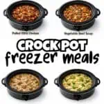 Collection of six crockpot freezer meals including beef stroganoff, chicken broccoli alfredo, pulled.