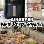 Air fryer meal prep session with various prepared freezer meals and ingredients.
