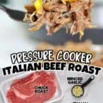 Tender Italian beef roast with minced garlic, peppers, and broth in a pressure cooker.