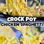 Delicious crockpot chicken spaghetti with creamy sauce and melted cheese.