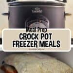 Crock pot with frozen meal prep ingredients for freezer meals.