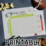 Printable football squares template with editable team names and colors for game planning.