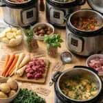 Instant Pot freezer meal prep with various ingredients and cooked dishes.