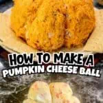 Pumpkin-shaped cheese ball with green pepper stem on a platter with crackers and ingredients.