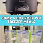 Crockpot with freezer meal bags ready for cooking or freezing.