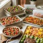 Assorted sheet pan freezer meals with vegetables and cooked dishes on a kitchen counter.