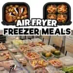 Meal prep containers with various frozen air fryer meals ready for cooking.