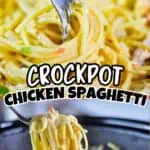 Close-up of creamy chicken spaghetti with fork lifting noodles, vibrant background.