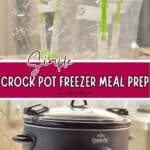 Preparation of crockpot freezer meals with labeled containers and slow cooker for easy cooking.