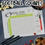 Printable football squares template for game day betting and fun activities.