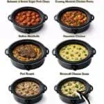 Assorted crockpot meals including beef, chicken, and vegetarian options for easy prep.
