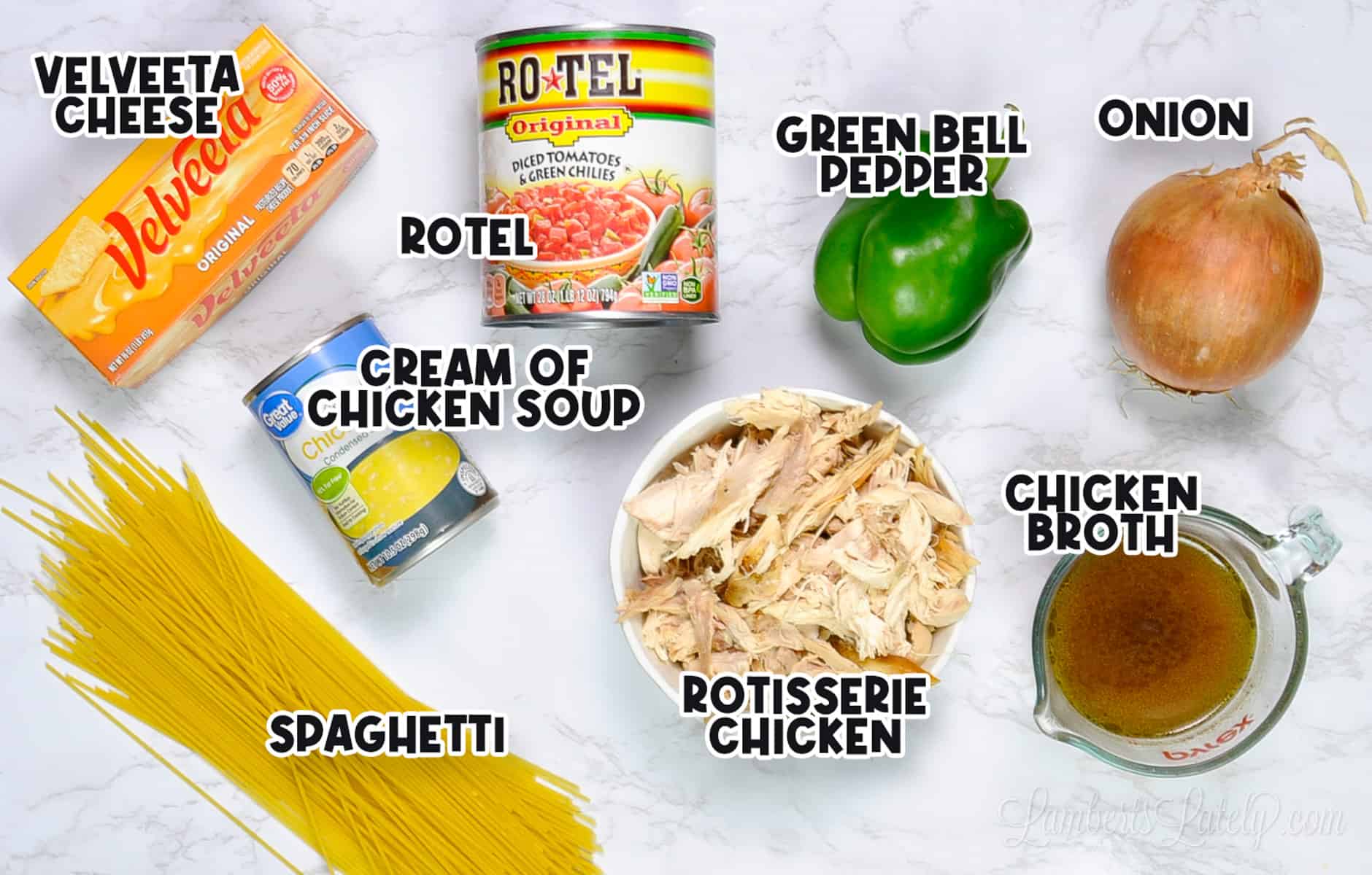 ingredients for crockpot chicken spaghetti laying flat.