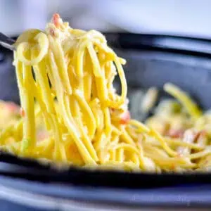 pulling a fork full of chicken spaghetti out of a crock pot.