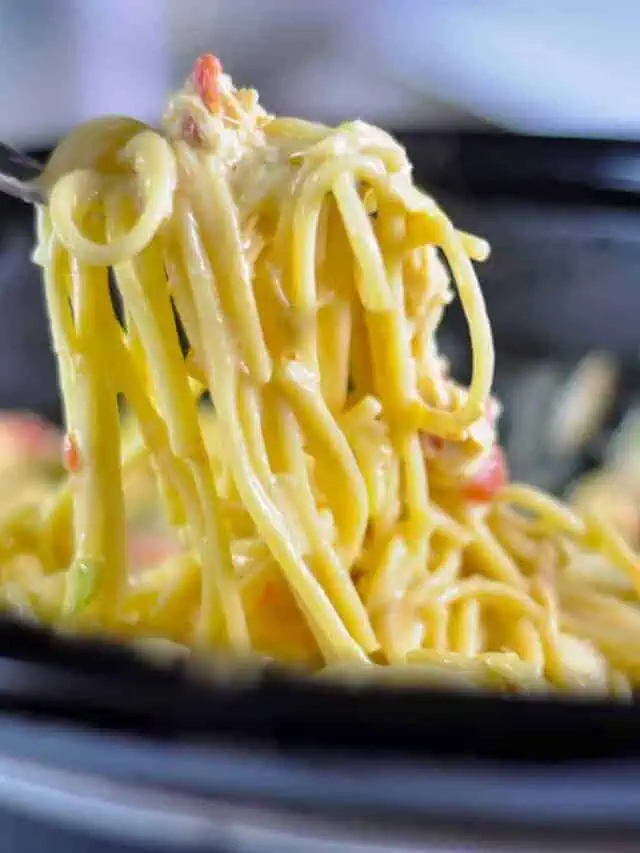 pulling a fork full of chicken spaghetti out of a crock pot.