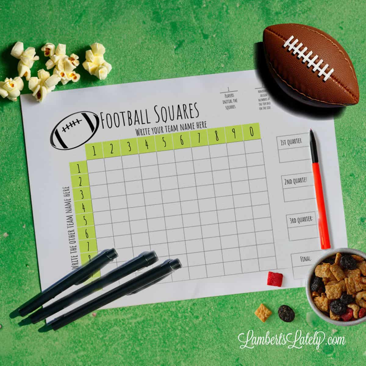 football squares printable on a green background, with snacks, a football, and pens.