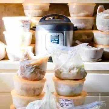 freezer meals stacked around an instant pot.