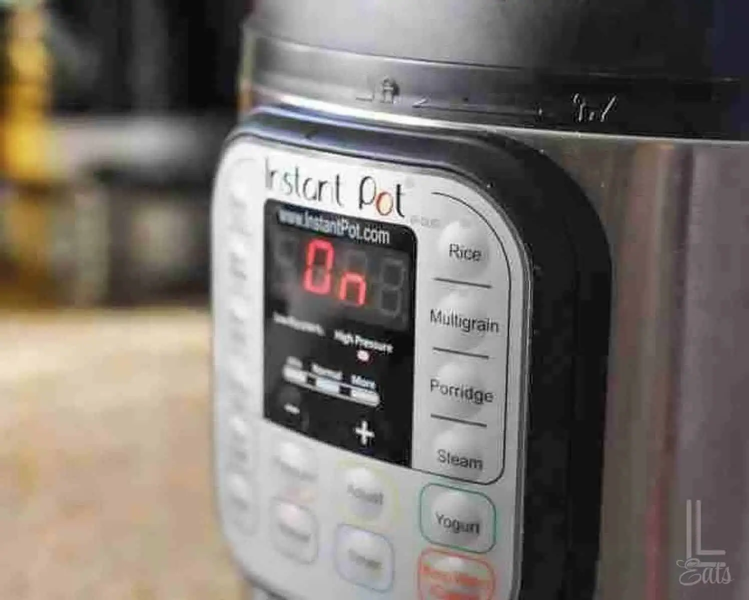 close up of the front of an instant pot pressure cooker.