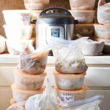freezer meals stacked around an instant pot.