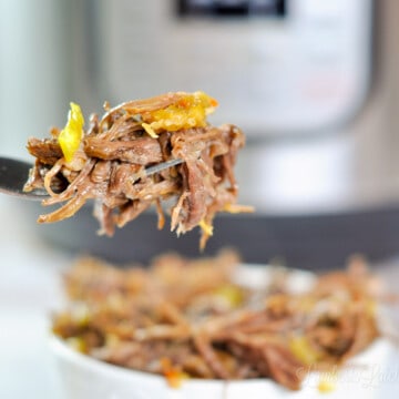 italian beef on a fork, in front of a bowl and an instant pot.