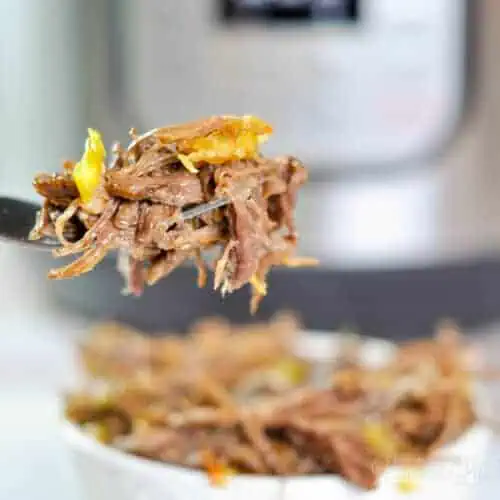 italian beef on a fork, in front of a bowl and an instant pot.